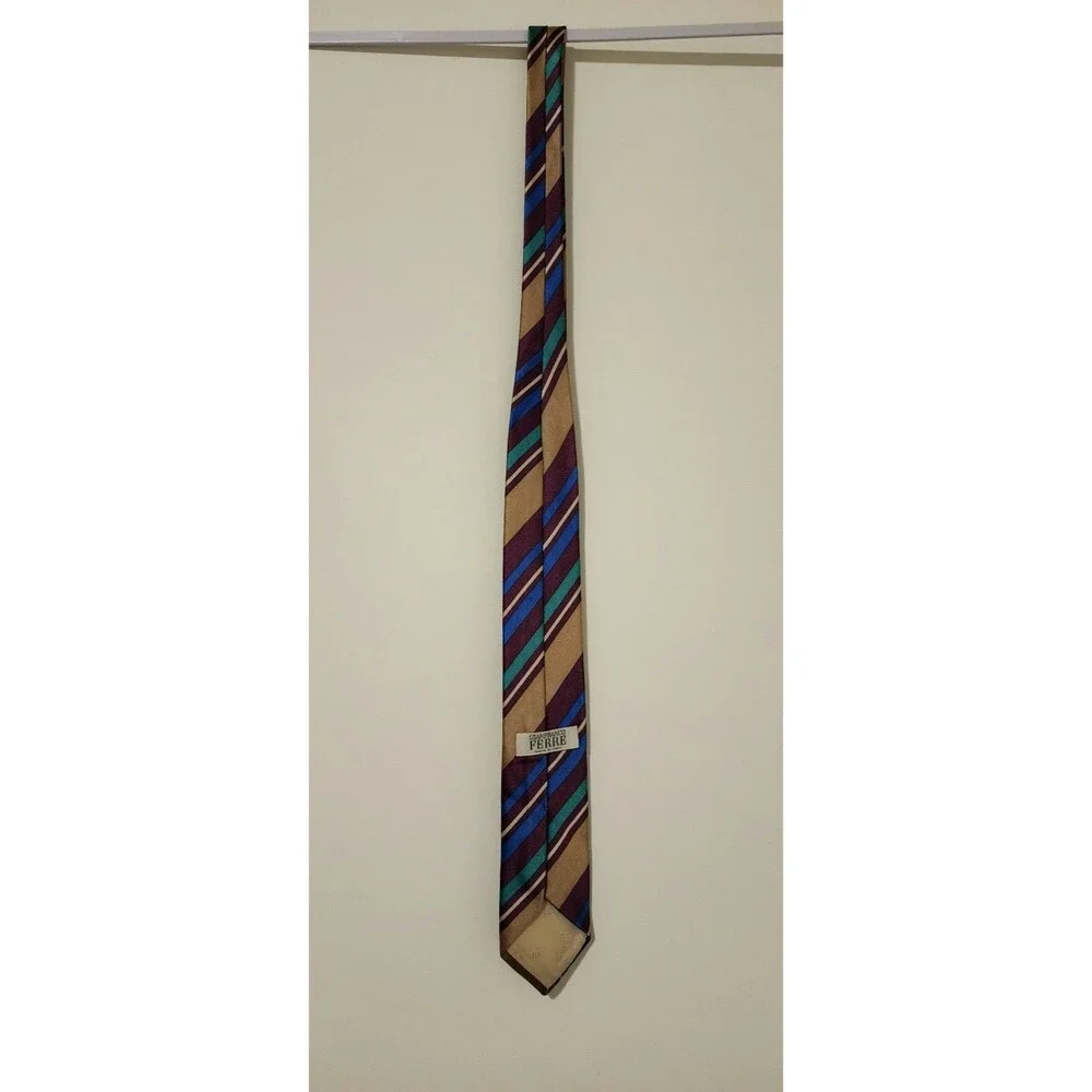 Gianfranco Ferre Italy Mens Silk Tie Beige Red Blue Green Striped Logo 3x55 Neck